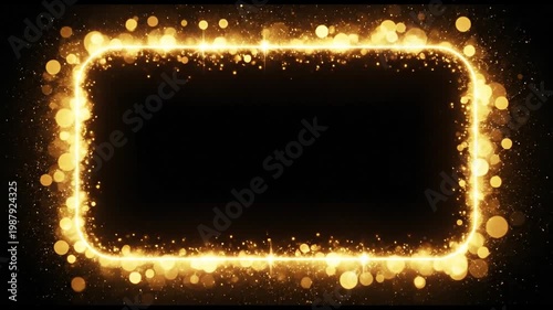 Elegant golden sparkling rectangular frame with shimmering glitter particles on a dark background, perfect for festive designs, celebrations, and luxury events