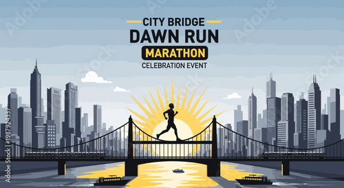 City Bridge Dawn Run Marathon: A Celebration Event, Featuring a Runner and Sunrise