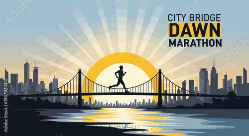 City Bridge Dawn Marathon: Sunrise Silhouette and Urban Running Event Illustration