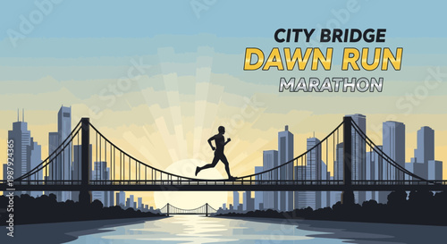 City Bridge Dawn Run Marathon: A Silhouette Of A Runner At Sunrise Over A Modern City