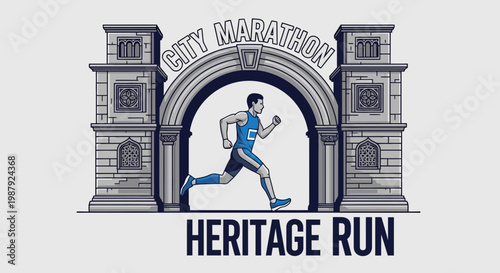 City Marathon Heritage Run Emblem Depicting a Runner Beneath an Ancient Archway