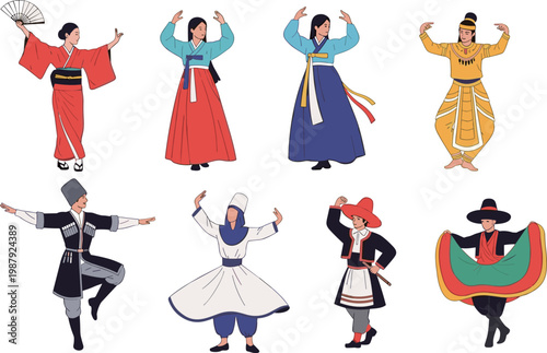Global Folk Dance and Traditional Cultural Costumes Set Featuring Performers in Traditional Dress from Korea, Japan, Europe and Asia Vector Icons