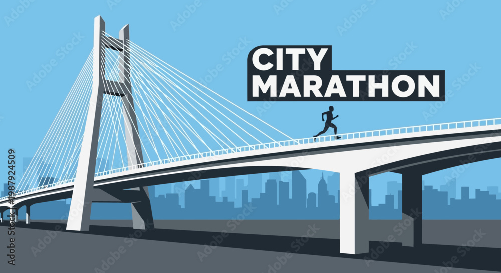 Fototapeta premium City Marathon on Bridge with Running Silhouette Against a Blue Sky Background