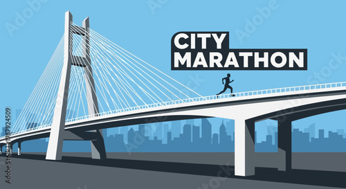 City Marathon on Bridge with Running Silhouette Against a Blue Sky Background