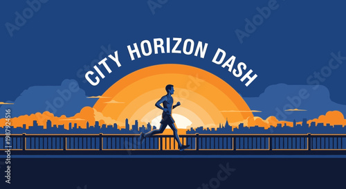 City Horizon Dash: A Vibrant Illustration Of Silhouette Runner And Urban Sunrise
