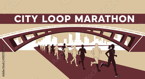City Loop Marathon: Urban Race Under The Bridge with Silhouettes of Runners and Cityscape