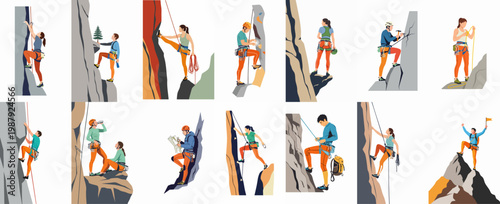 Collection of flat vector illustrations depicting various people engaged in rock climbing, mountaineering, and outdoor adventure activities on rocky cliffs and peaks.