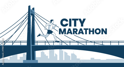 City Marathon Athlete Silhouette Crossing Bridge Featuring City Skyline Running Race Illustration