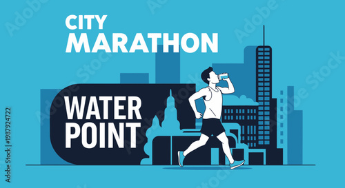 City Marathon Runner Drinking Water Refreshing Himself, Event in Big City, Healthy Lifestyle