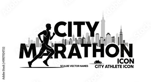 City Marathon Athlete Silhouette With Urban Skyline Icon in Black and White