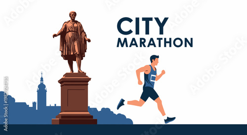 City Marathon Banner Featuring Illustration Running Athlete and Iconic Statue in Urban Scene