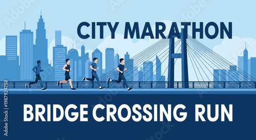 City Marathon Bridge Run: Urban Runners Crossing, Sports Event, and Cityscape Illustration