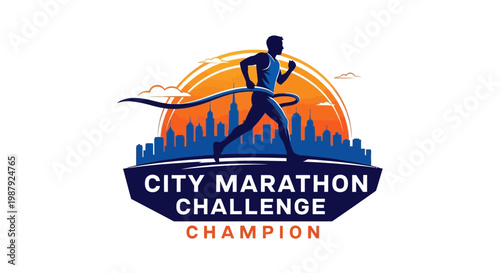 City Marathon Challenge Champion Logo Featuring A Runner Silhouette In The City