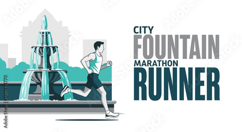 City Marathon Runner Illustration in Front of a Decorative Fountain and Cityscape
