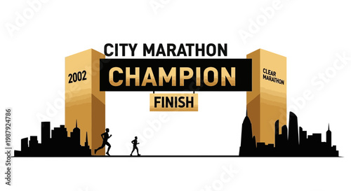 City Marathon Champion Finish Line With Runners Silhouettes And City Skyline Backdrop