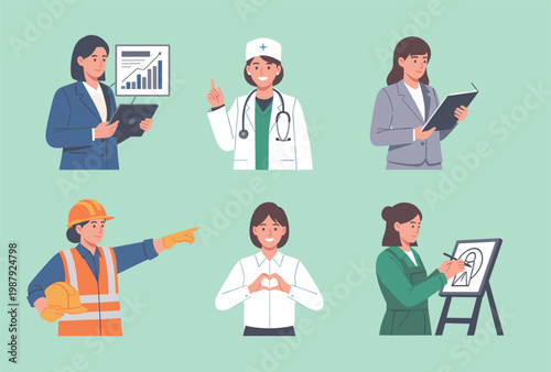 Professional Women in Different Occupations Set Including Doctor, Engineer, Artist, Business Manager and Scientist Career Concepts Vector Illustrations
