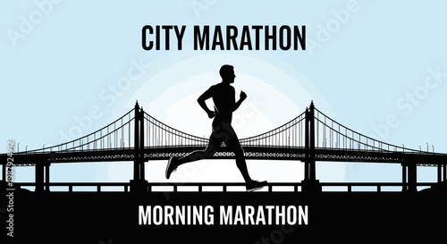 City Marathon Runner Silhouette Crossing Bridge Dynamic Morning Event Illustration