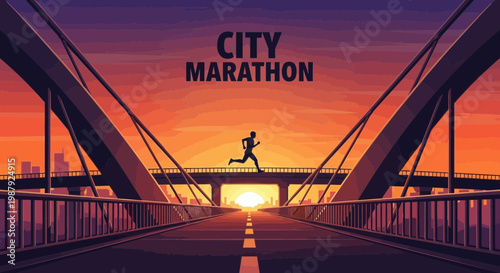 City Marathon Runner Silhouette At Sunset, Vibrant Bridge Scenic Running Perspective