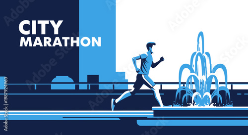 City Marathon Runner With Energetic Pace Near Water Fountain And Urban Landscape