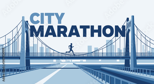 City Marathon Runners Crossing Bridge with Contemporary Architectural Cityscape Backdrop