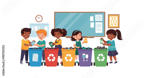 A diverse group of children are sorting different recyclable materials into color-coded bins with corresponding recycling symbols against a white background in a brightly lit classroom