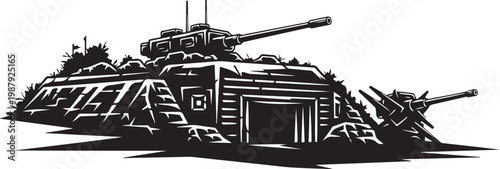 Military tank, armored vehicle, black illustration, white background, warfare icon