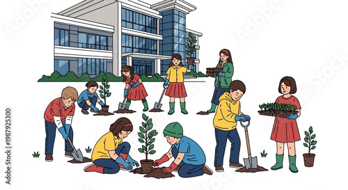 Illustrated group of children planting saplings with shovels in a schoolyard near a modern building, rendered in a cartoon style with bright colors and conveying a collaborative
