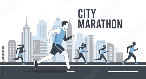 City Marathon Running Competition Against Skyline Showing People Exercising Together