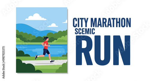 City Marathon Scenic Run Illustration Depicting Healthy Lifestyle and Exercise Activities