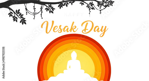 Vesak Day Spiritual Celebration Design with Meditating Buddha Silhouette, Peaceful Rainbow Aura, Buddhist Holiday