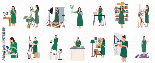 Vector illustration set of a woman engaged in diverse professional and creative activities including podcasting, photography, painting, cooking, and digital design.