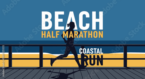 Coastal Beach Marathon Event: Silhouette Of Runner On Boardwalk Under Sky