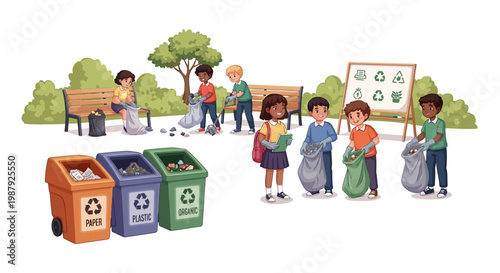 Illustrated scene of diverse children participating in a park cleanup, collecting litter into bags near labeled recycling bins and benches against a white background, promoting