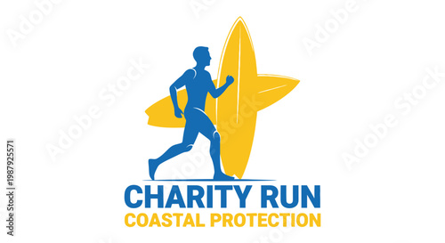 Coastal Charity Run: Silhouette of Person Running with Surfboard for Protection Efforts