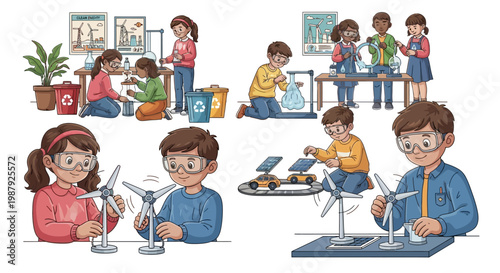 Illustration shows children in a classroom setting, actively engaging in environmental projects involving recycling and renewable energy sources like solar panels and wind turbines