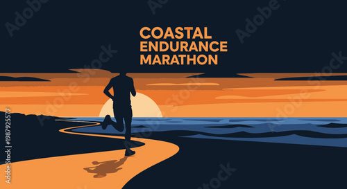 Coastal Endurance Marathon: Runner Silhouette Against a Vibrant Sunset Landscape.