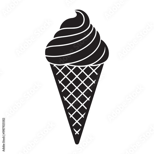 Black and white illustration of ice cream cone with swirly scoop on white background