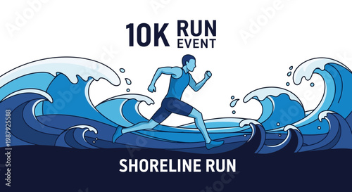 Coastal Endurance Event Depicting Athlete Running Amidst Powerful Animated Blue Waves