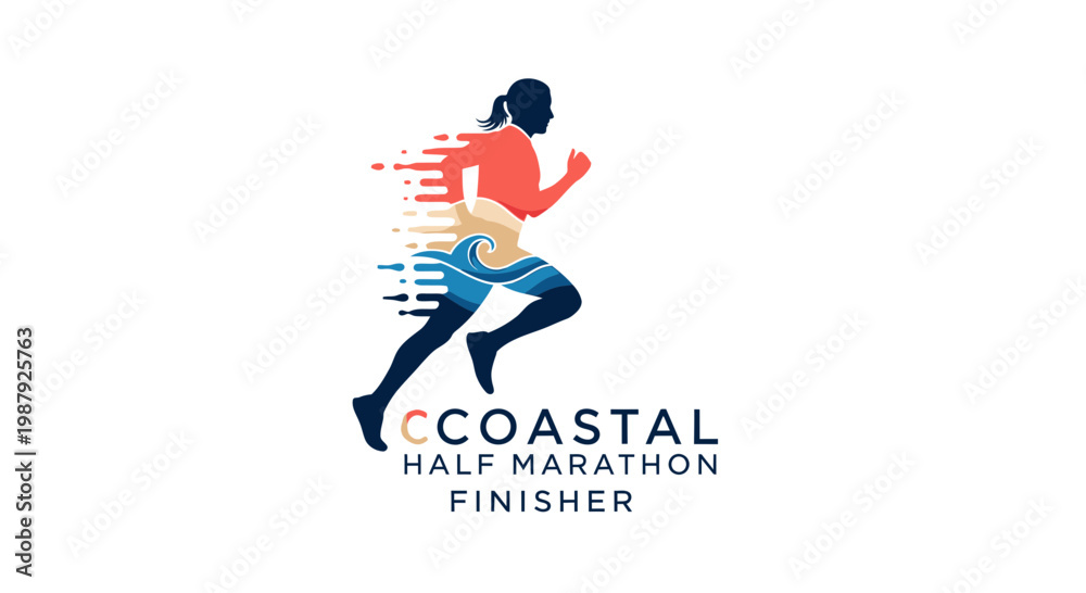 Obraz premium Coastal Marathon Finisher Logo Featuring a Person Running With Waves and a Vibrant Color Palette