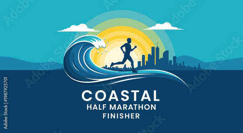 Coastal Half Marathon Finisher: Silhouette Runner Surfing Above City In Vibrant Art Illustration