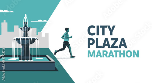 City Plaza Marathon: An Active Silhouette Running Near A Detailed City Fountain