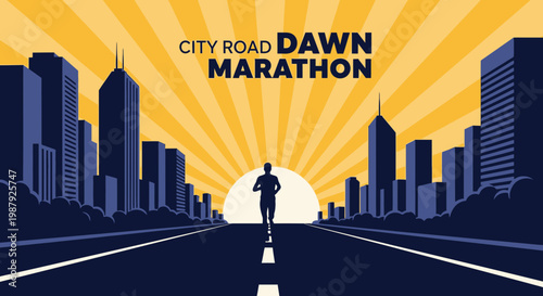 City Road Dawn Marathon: A Running Silhouette Through Urban Sunrise Illustration