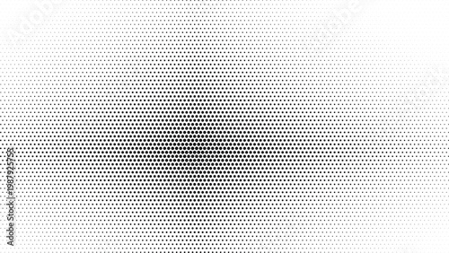 An optical halftone dot gradient spreads from a dense central ellipse across a bright white field