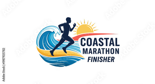 Coastal Marathon Finisher Logo With Silhouette Runner, Wave, And The Bright Sun