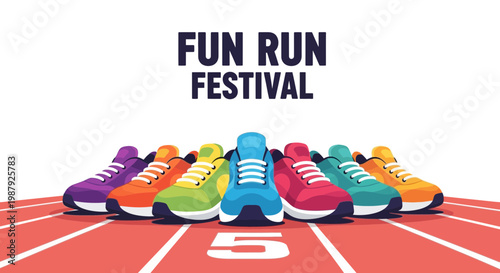 Colorful Sneakers Ready For Fun Run Festival With Race Track And Number Five Details