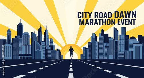 City Road Dawn Marathon Event Runner Silhouette Amidst Rising Sun and Skyline Design
