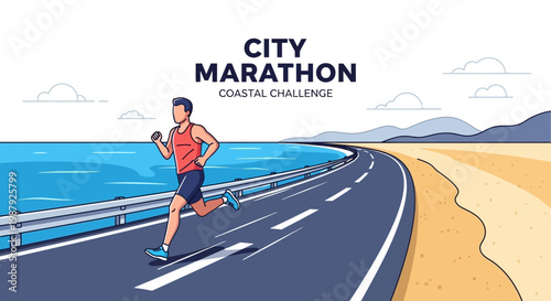 Coastal Marathon Runner Racing Along Seaside Road On a Bright Illustrated Day In Competition