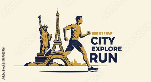 City Runner Explores Iconic Landmarks: A Vibrant Design for Travel and Fitness Enthusiasts
