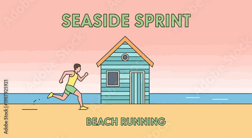 Coastal Run And Endurance: Seaside Sprint With A Man Jogging Near Beach Hut