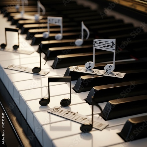 Close-up of Piano Keys with Musical Notes Displayed.